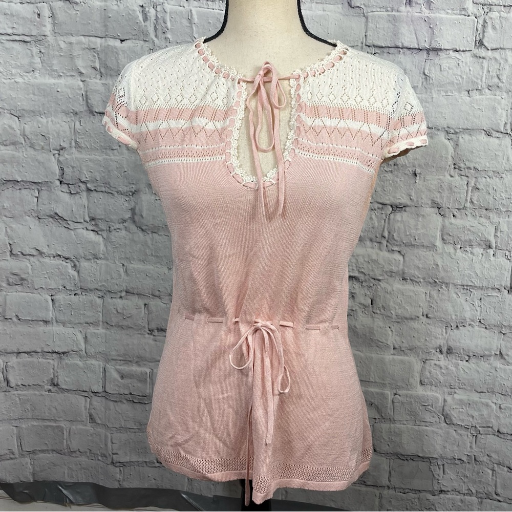 Nanette Lepore Dolce Lightweight Knit Retro Lace Cap Sleeve Sweater Petal/Cream